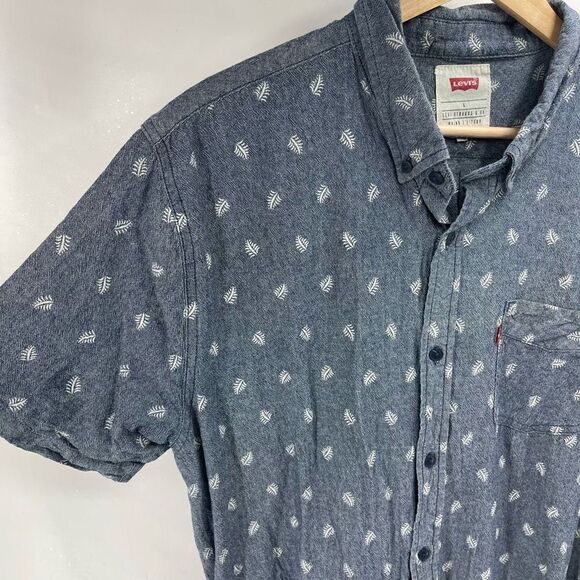 Levi's Mens Button Up Shirt Leaf Print Short Sleeve Cotton Pocket Blue Large - Picture 4 of 8
